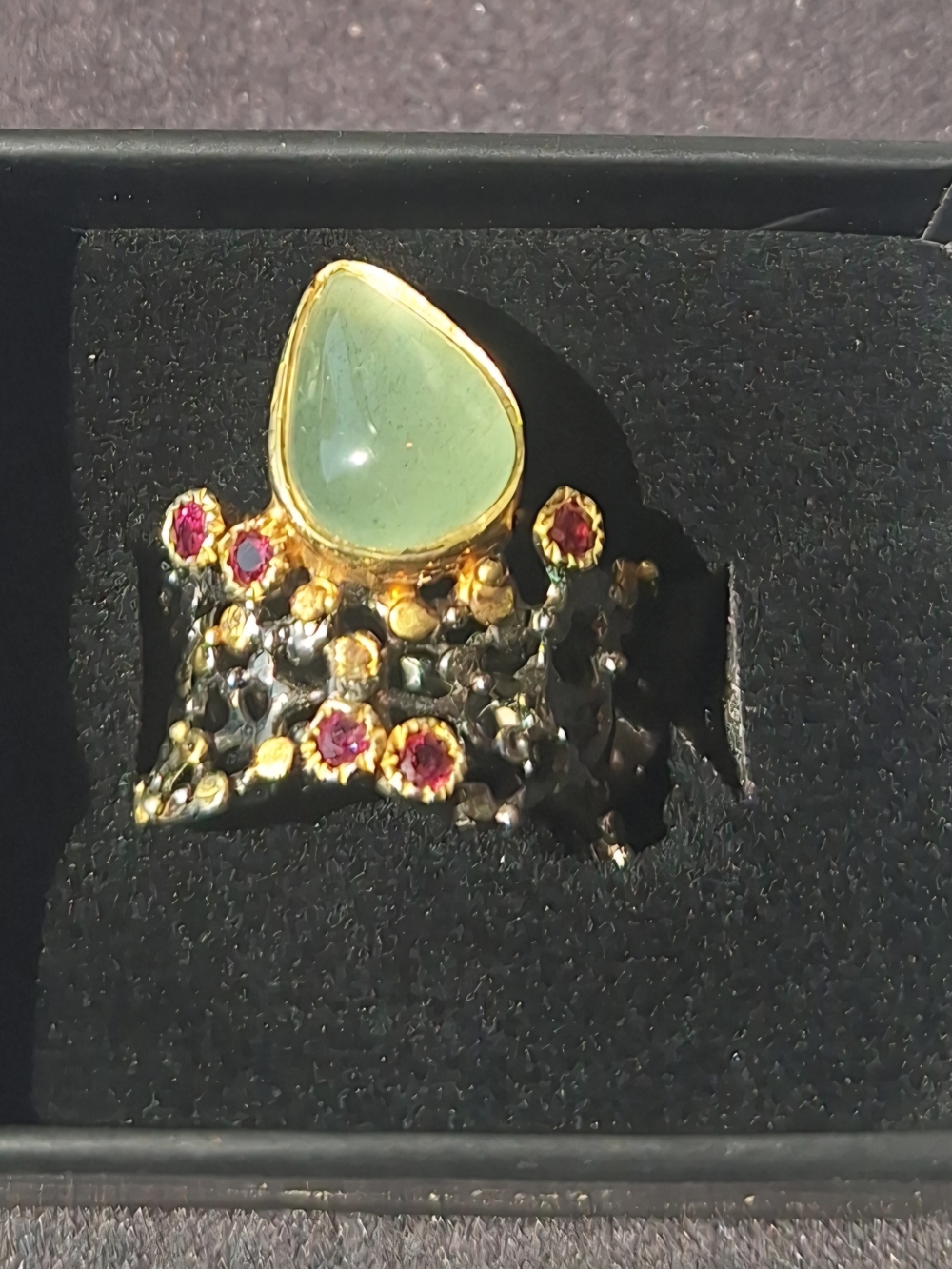 Gold-Tone Ring with Green Teardrop Stone and Pink Accent Gems